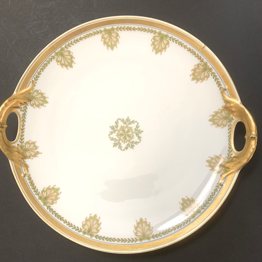 Haviland  Limoges Cake Server Plate Green Foliage Gilded Gold with handles